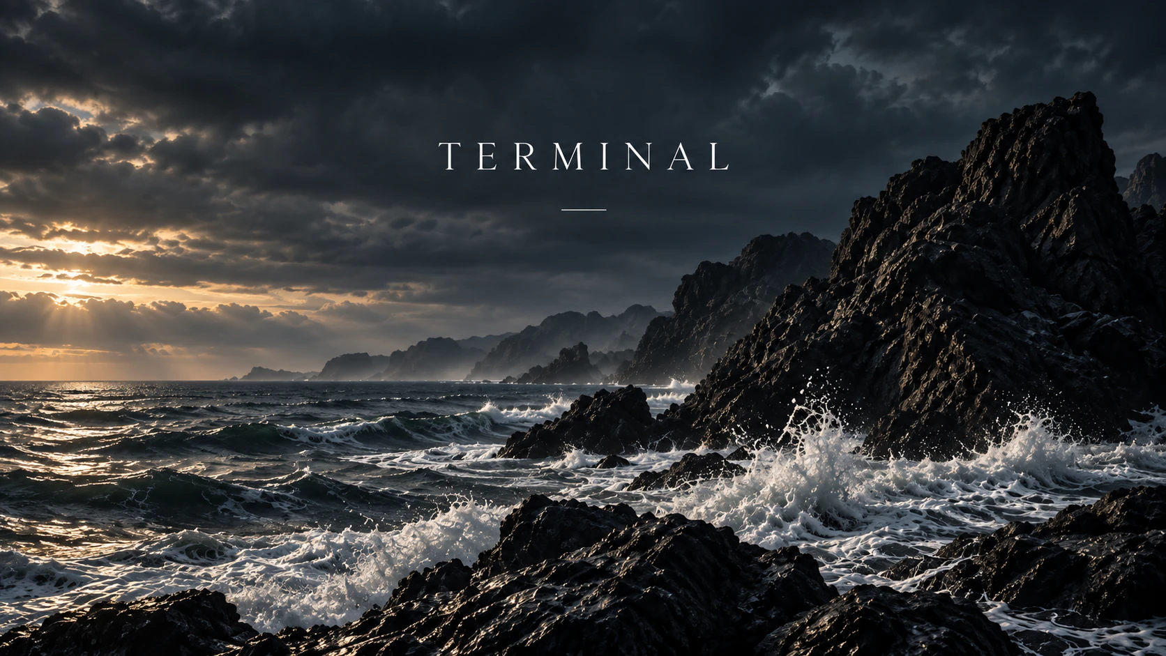 Dark rocky coastline at sunset for Terminal campaign